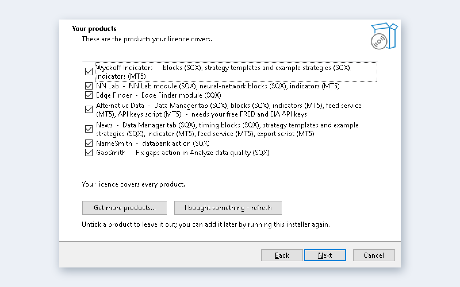 The installer's Your products page listing each product the licence covers with a checkbox.