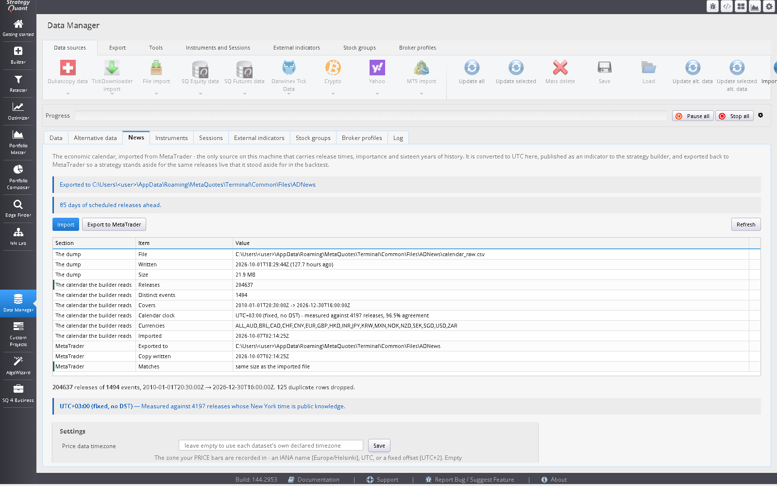 The News tab in the SQX Data Manager after importing the calendar from a MetaTrader 5 terminal.