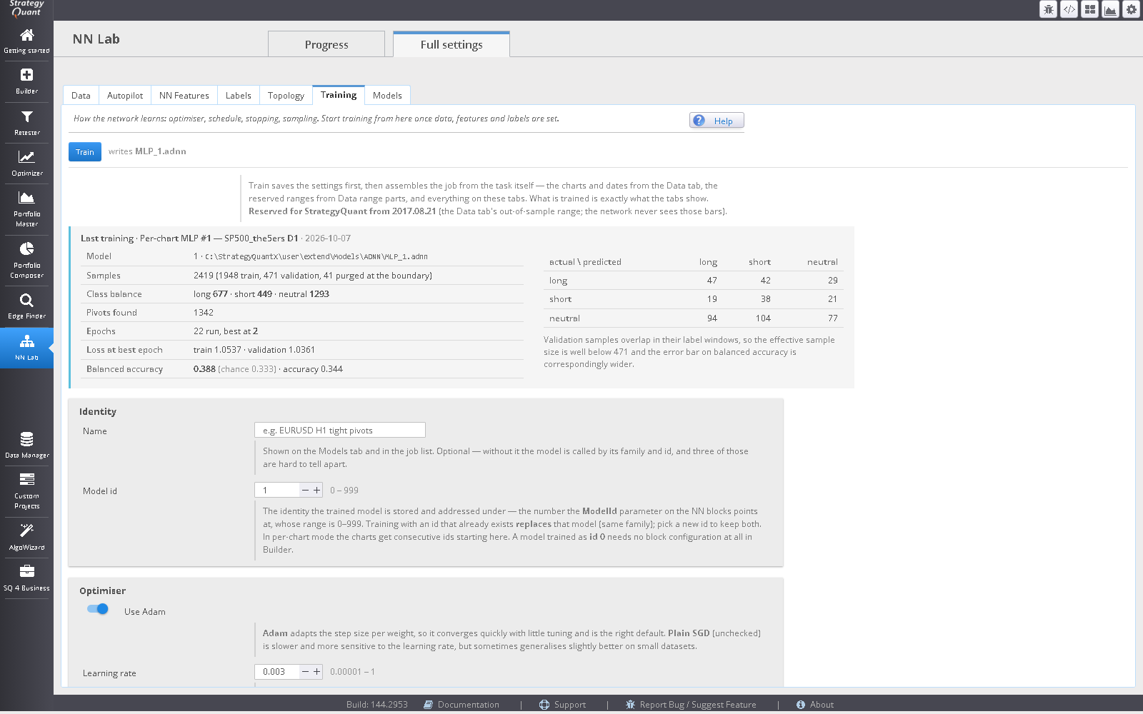 The NN Lab Training tab in StrategyQuant X showing a neural network training run with progress and accuracy figures.